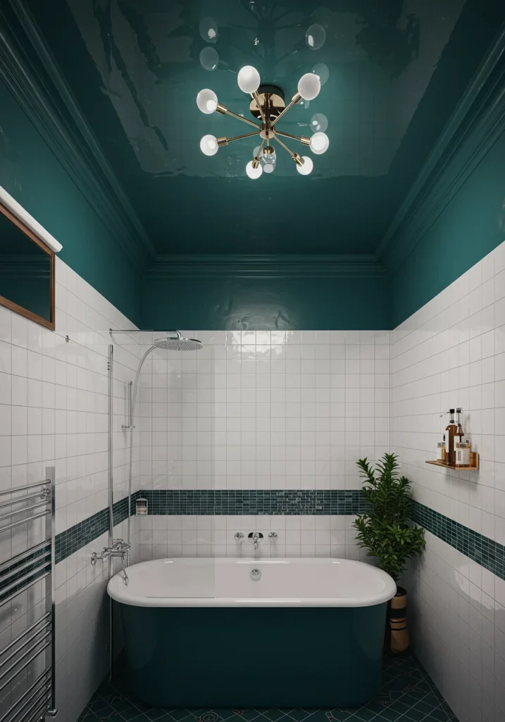 A trending bathroom color idea: a bold, dark painted ceiling as a feature.
