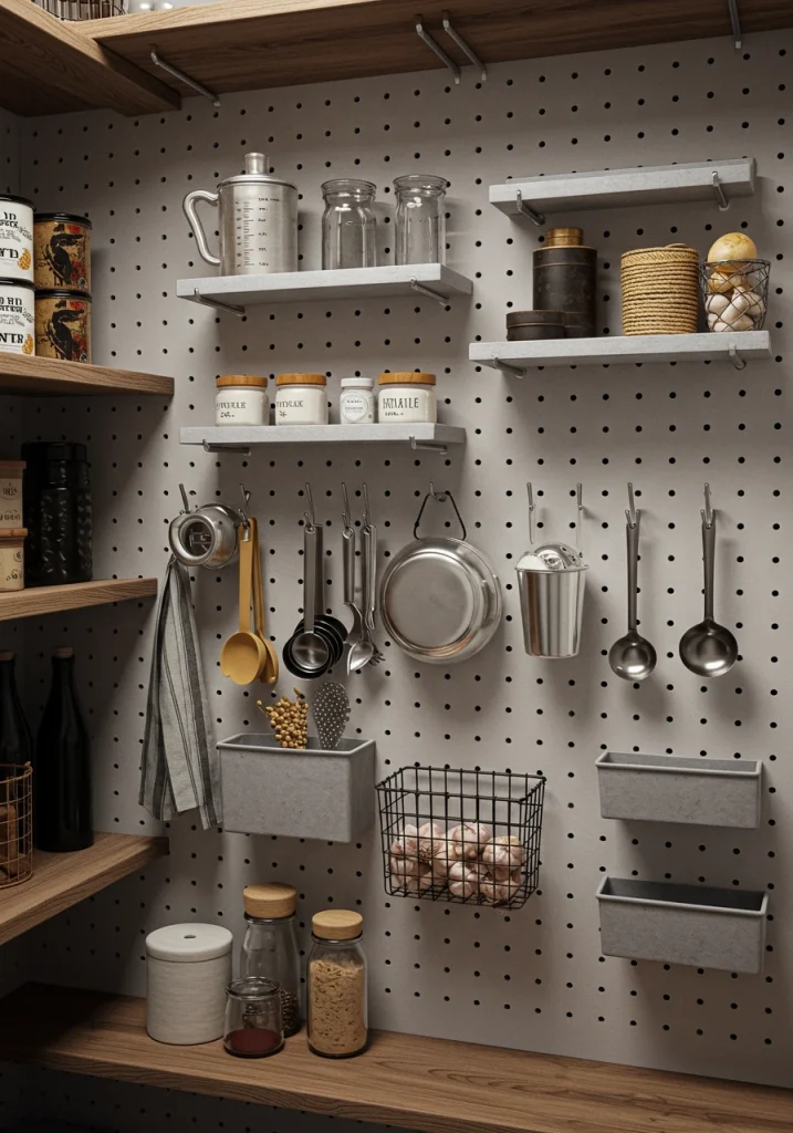 An innovative pantry with a pegboard wall used as a highly organized and customizable storage system.