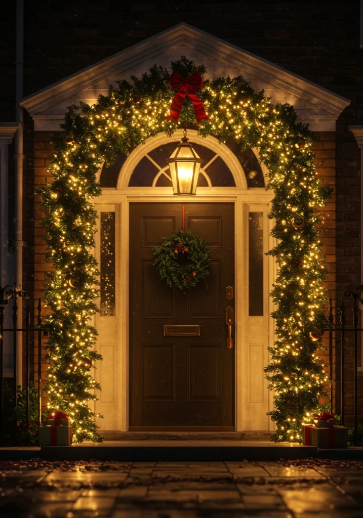 A lush, green garland around a front door, heavily illuminated with warm, white Christmas lights.
