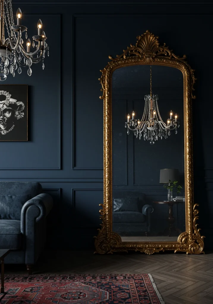 A moody living room using a large, ornate, gold-framed mirror to reflect light and add a sense of space.
