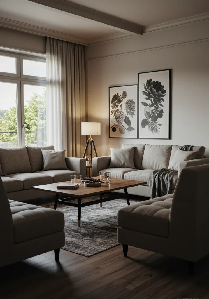 A smart living room layout in an open plan, with furniture arranged for conversation rather than just facing the TV.