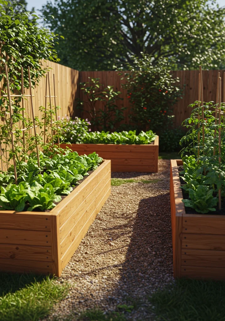 Neat, cedar raised garden beds used for vegetable gardening in a small backyard.