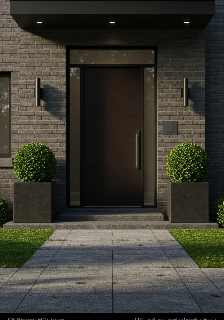 A modern entryway with two large, concrete cube planters holding spherical boxwoods.
