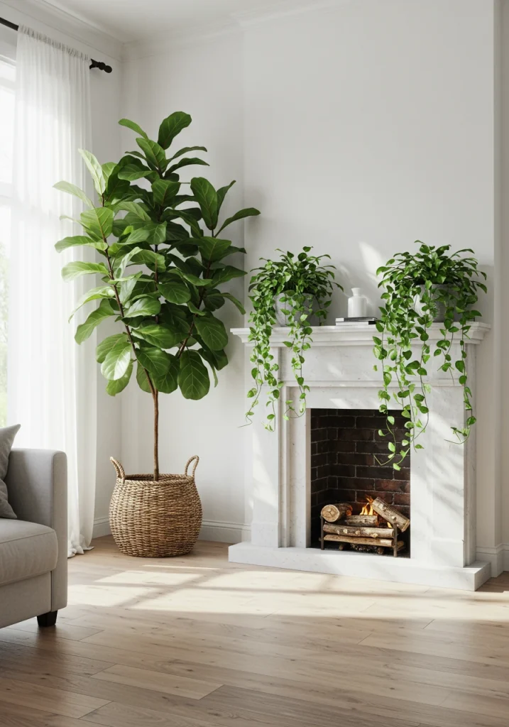 A bright, white farmhouse living room with lush, green houseplants in woven baskets to add life and color.