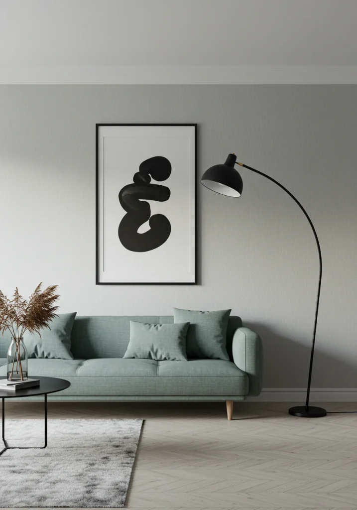 A classic, Scandinavian living room with a color combination of light gray, white, and sharp black accents.