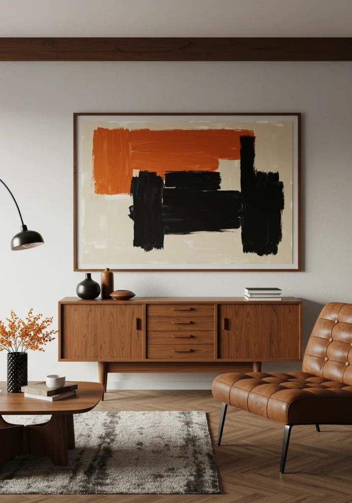 A large, abstract painting in a classic MCM color palette used as a focal point in a living room.