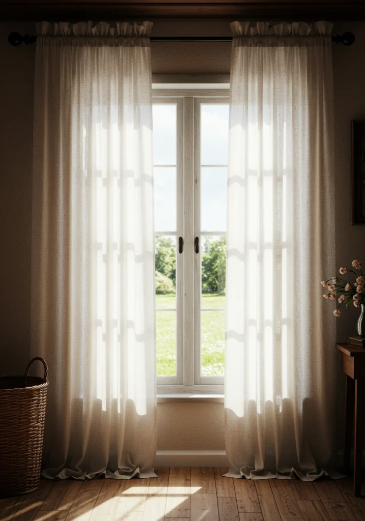 A bright cottage window with soft, sheer, linen curtains that gently filter the sunlight.