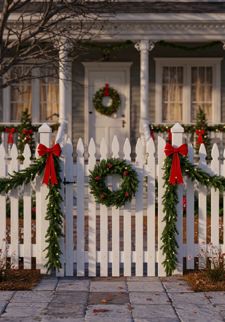 A stylish Christmas idea: decorating a front yard fence with a simple, green garland and wreaths.