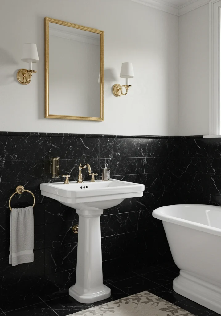 A classic, "tuxedo" bathroom with a high-contrast design of black on the bottom and white on top.