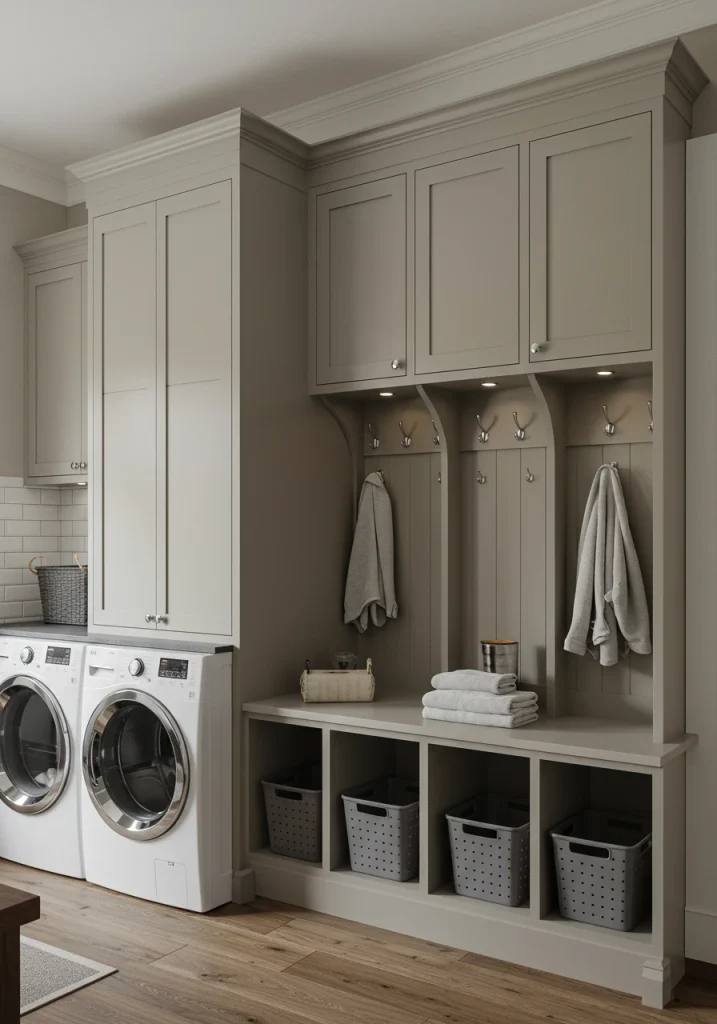 A modern pantry design with a smart combination of open shelving and closed cabinets for versatile storage.
