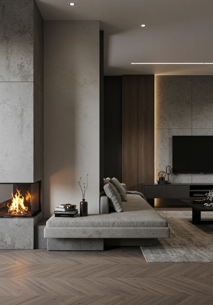 A long living room wall with an offset layout, featuring a fireplace on one end and a TV on the other, connected by a long, low hearth.