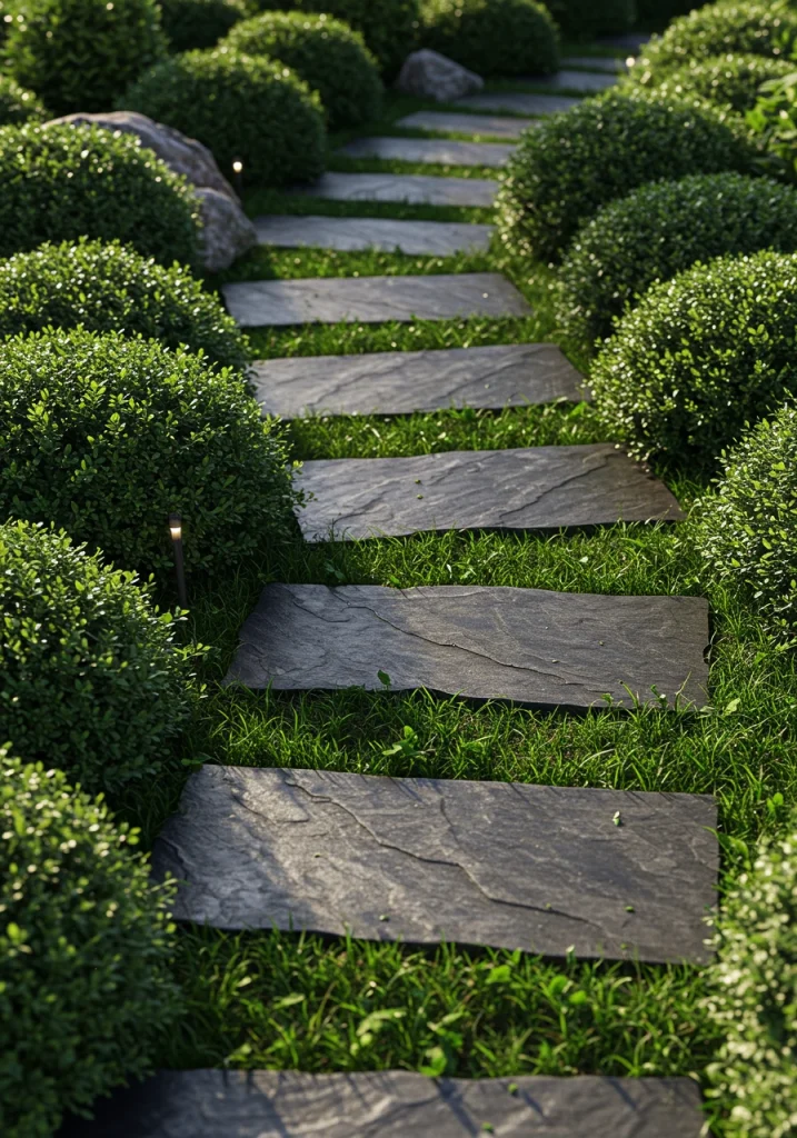 A modern garden path made of large, irregular flagstone stepping stones set in a bed of mondo grass.