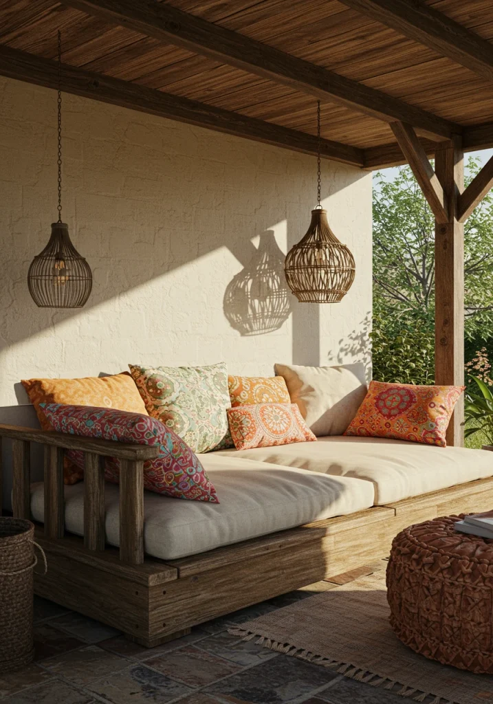 A comfortable, inviting daybed used for ultimate relaxation in an indoor-outdoor living space.