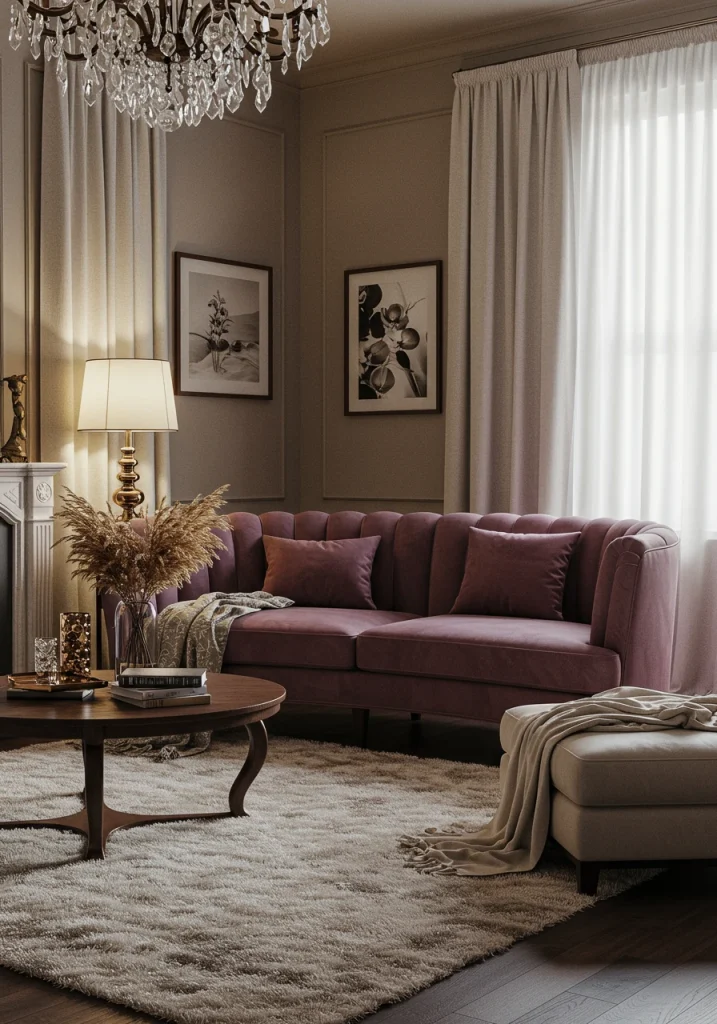 An elegant living room with a unique color combination of a deep plum sofa against warm greige walls.