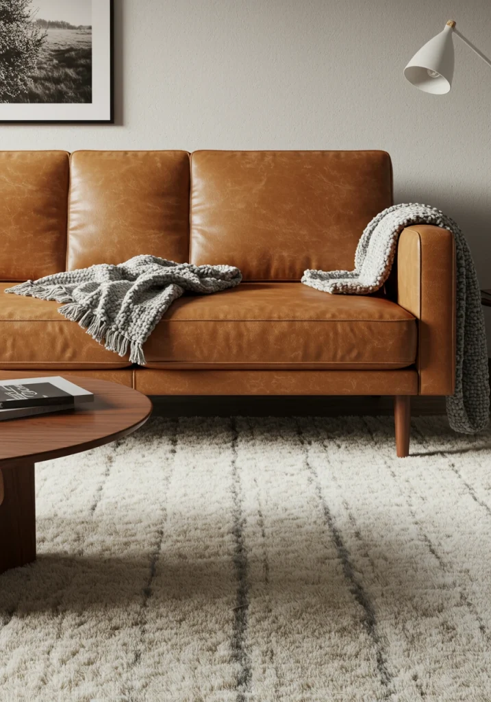 A mid-century modern living room featuring the warm, natural textures of a caramel leather sofa and a wool rug.