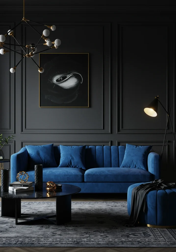 A stunning, jewel-toned, sapphire blue velvet sofa used as a statement piece in a moody living room.