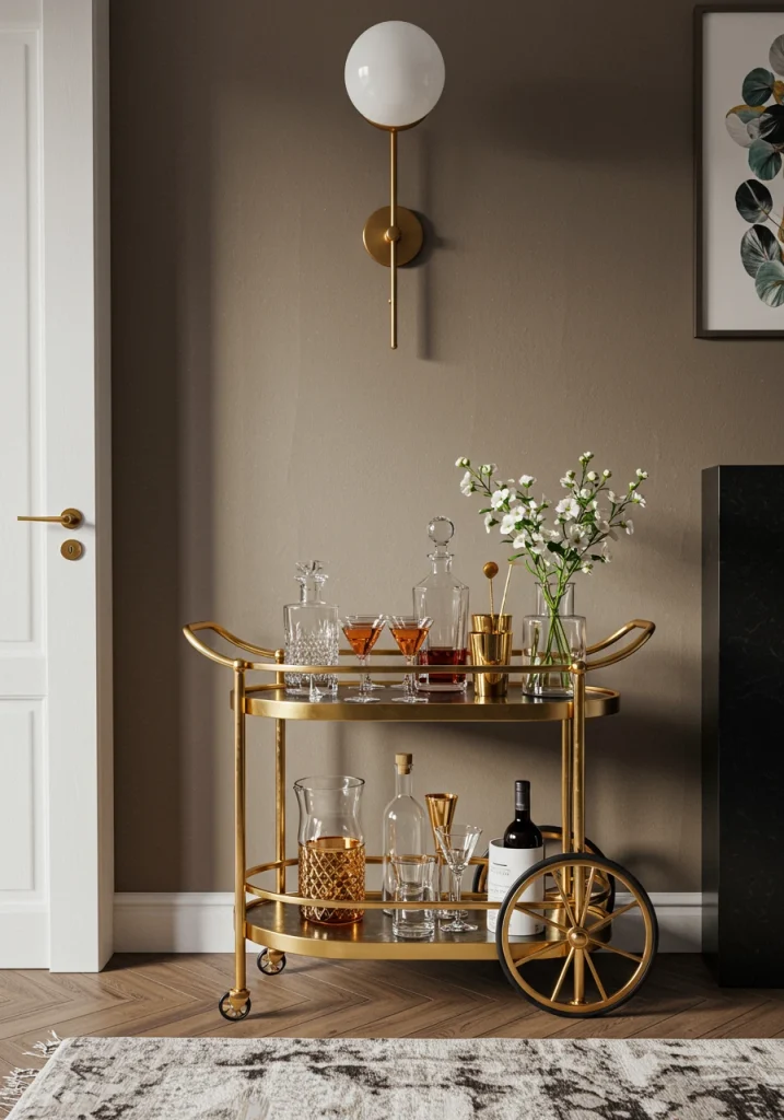 A glamorous, round, gold-finished bar cart used as a flexible drink station in an open-plan living room.