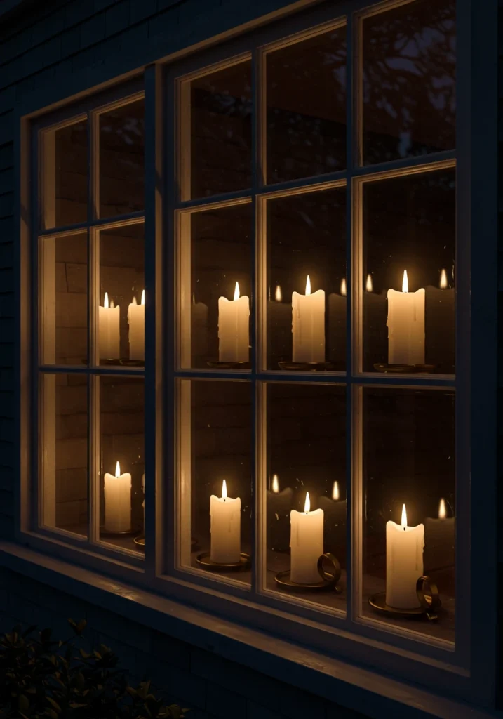 A classic, outdoor Christmas decorating idea: a single, flameless candle in each window of the house.