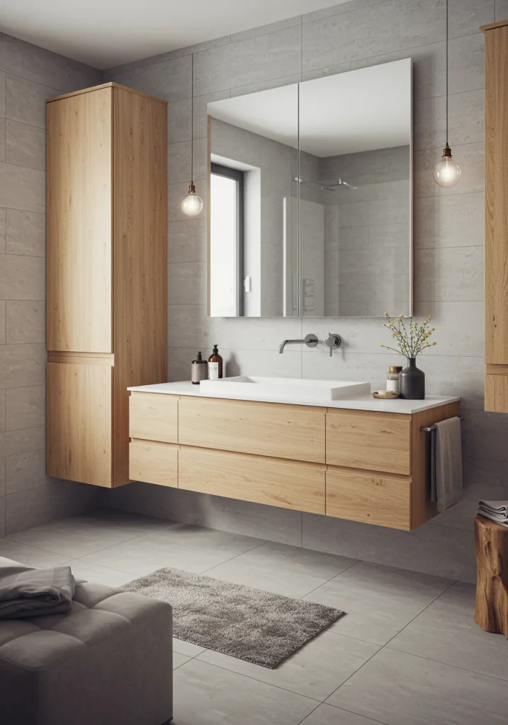 A top bathroom design idea: using a natural wood vanity to add warmth and "color" to a tiled space.