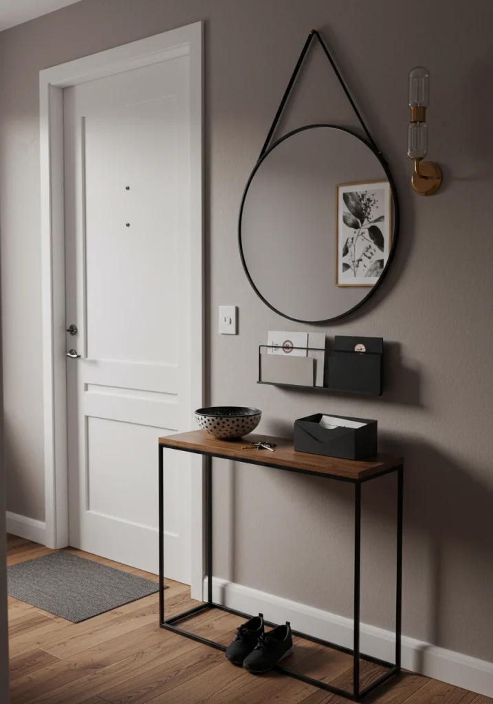 A smart and stylish "drop zone" created in the entryway of an open-plan home using a slim console table and a round mirror.