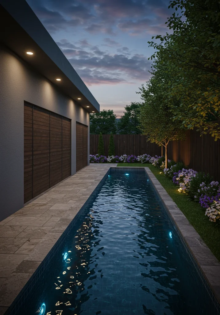 A long, narrow lap pool making use of a small, rectangular backyard space.