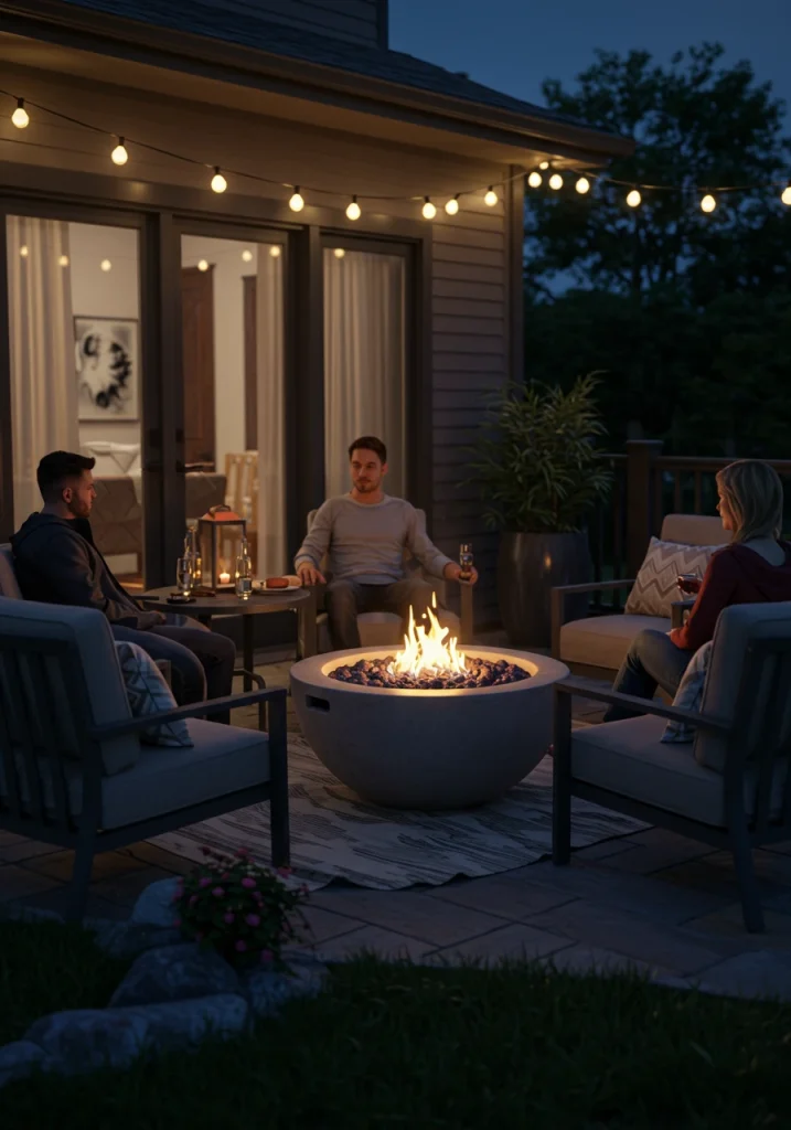A group of friends gathered around a modern, concrete fire pit in a cozy, small backyard.