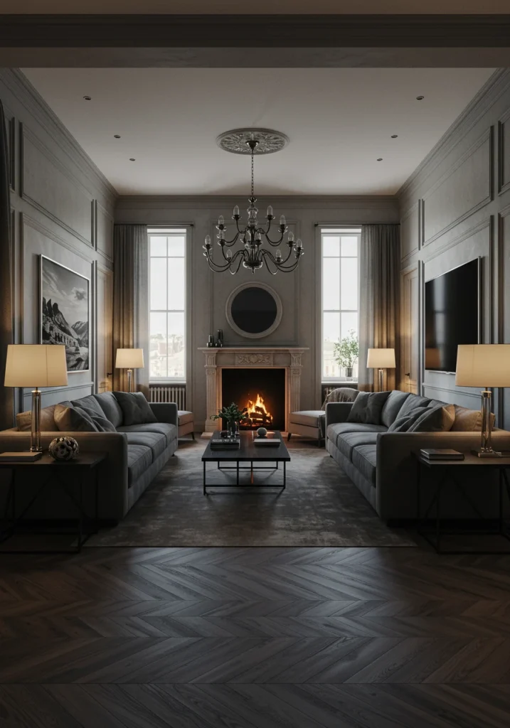 A creative layout for a large room using two back-to-back sofas to create separate fireplace and TV zones.