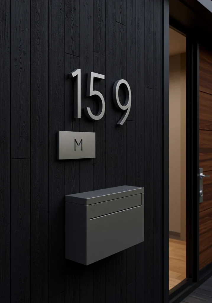 A modern house with sleek, brushed silver house numbers and a matching minimalist mailbox.