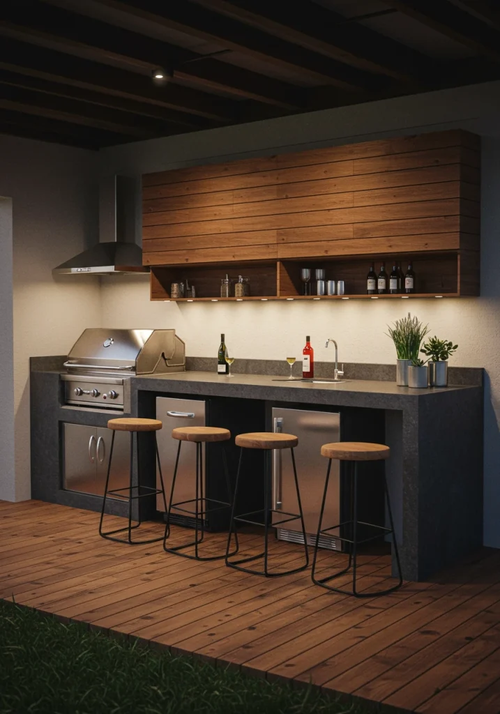 A modern outdoor kitchen and bar area, extending the function of an indoor-outdoor living room.