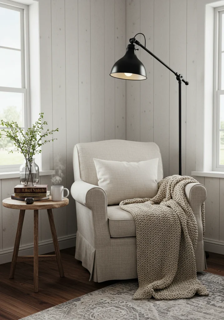 A cozy reading nook in a white farmhouse living room with a slipcovered armchair and a chunky knit throw.