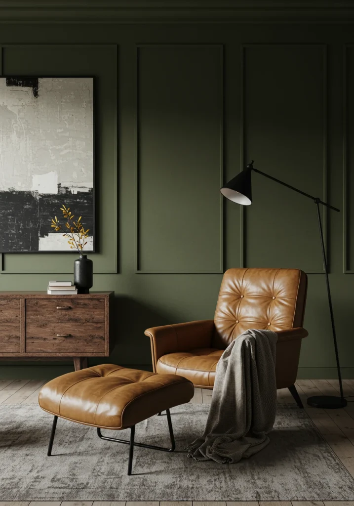 An earthy and sophisticated living room with a color combination of olive green walls and a tan leather armchair.