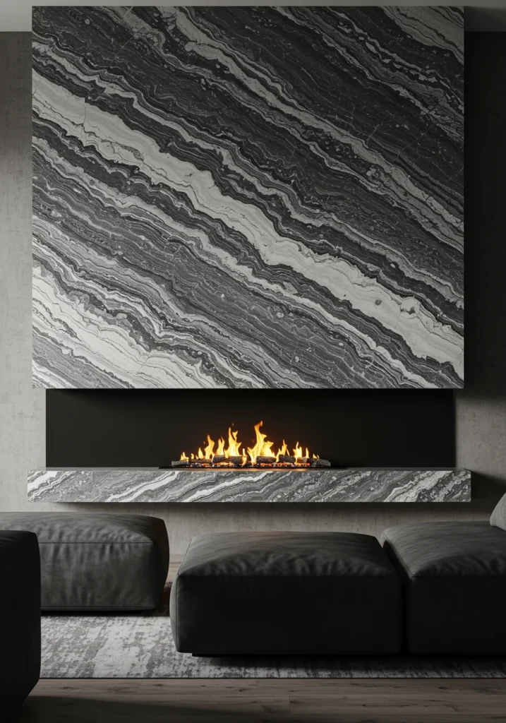 A luxurious gray living room with a stunning, statement fireplace wall made of veined marble.