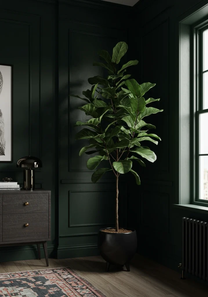 A tall, Fiddle Leaf Fig tree with lush, dark green leaves adding life to a moody living room.