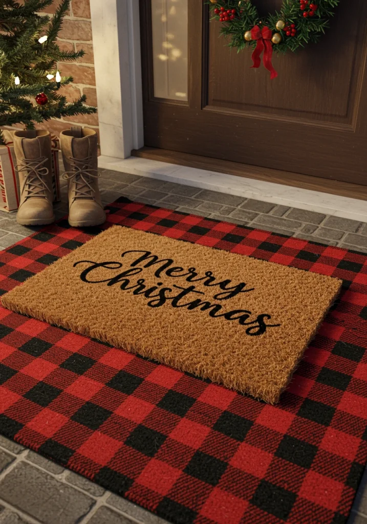 A stylish, layered welcome mat, with a Christmas-themed coir mat on top of a larger, patterned rug.