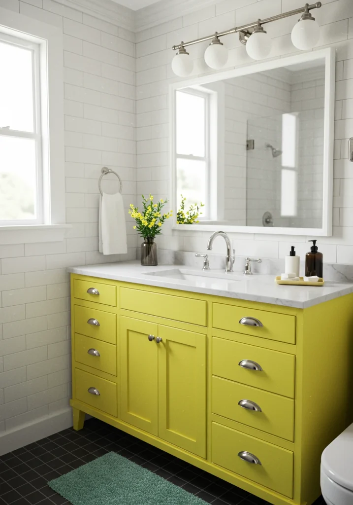 A bathroom color idea featuring a neutral space with a single, bold pop of color from a bright yellow vanity.