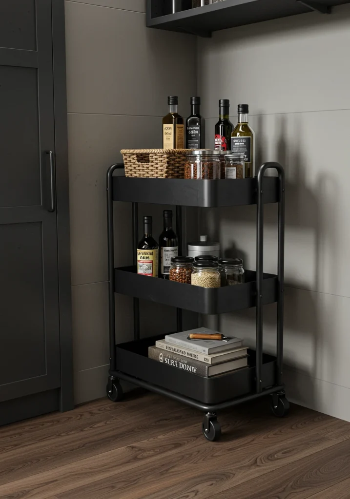 An innovative pantry with a versatile, rolling storage cart used as a mobile shelving unit.