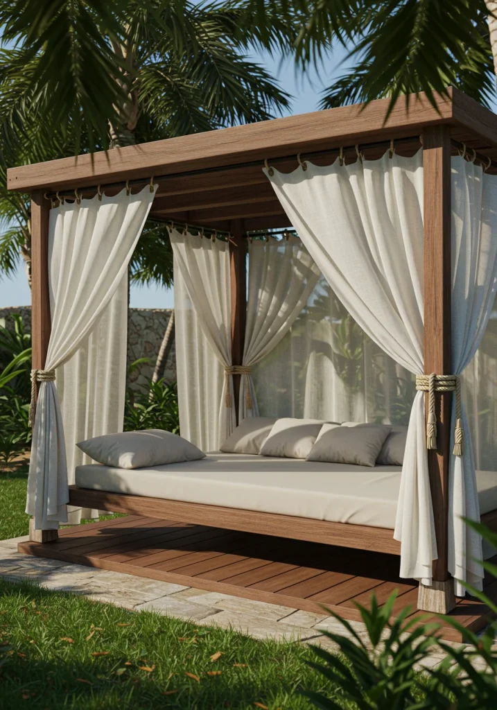 A small backyard patio transformed into a cozy oasis with soft, white outdoor curtains.