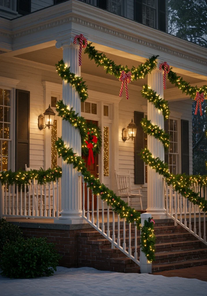 A Christmas-decorated porch with the columns and railings wrapped in lit garlands.