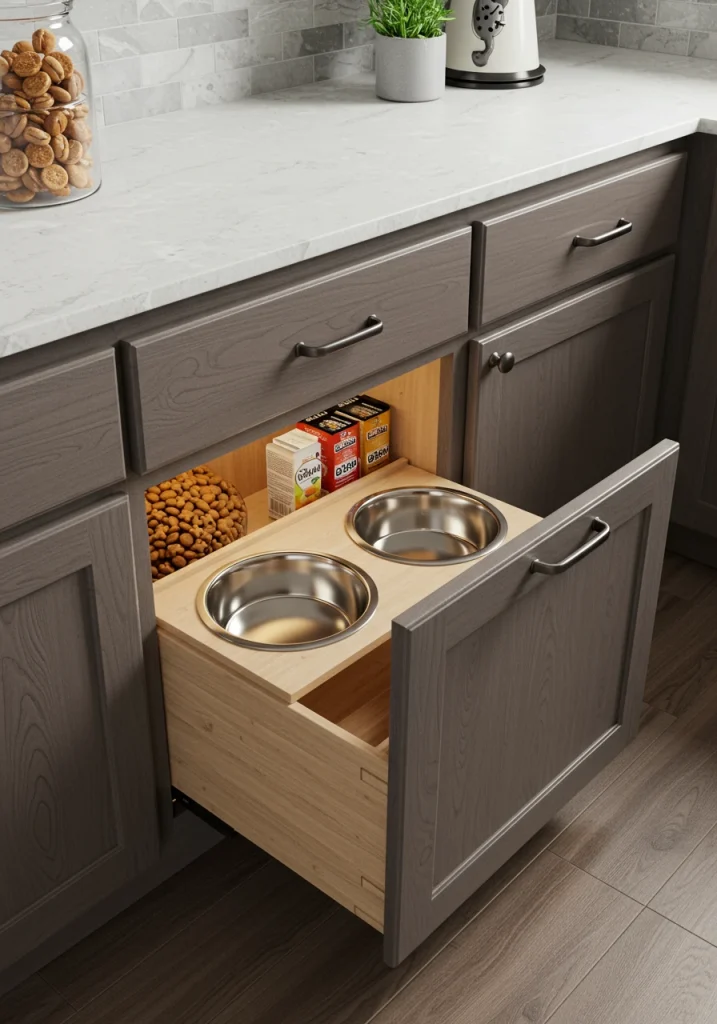 An innovative pantry design with a built-in, pull-out pet food station in a low drawer.