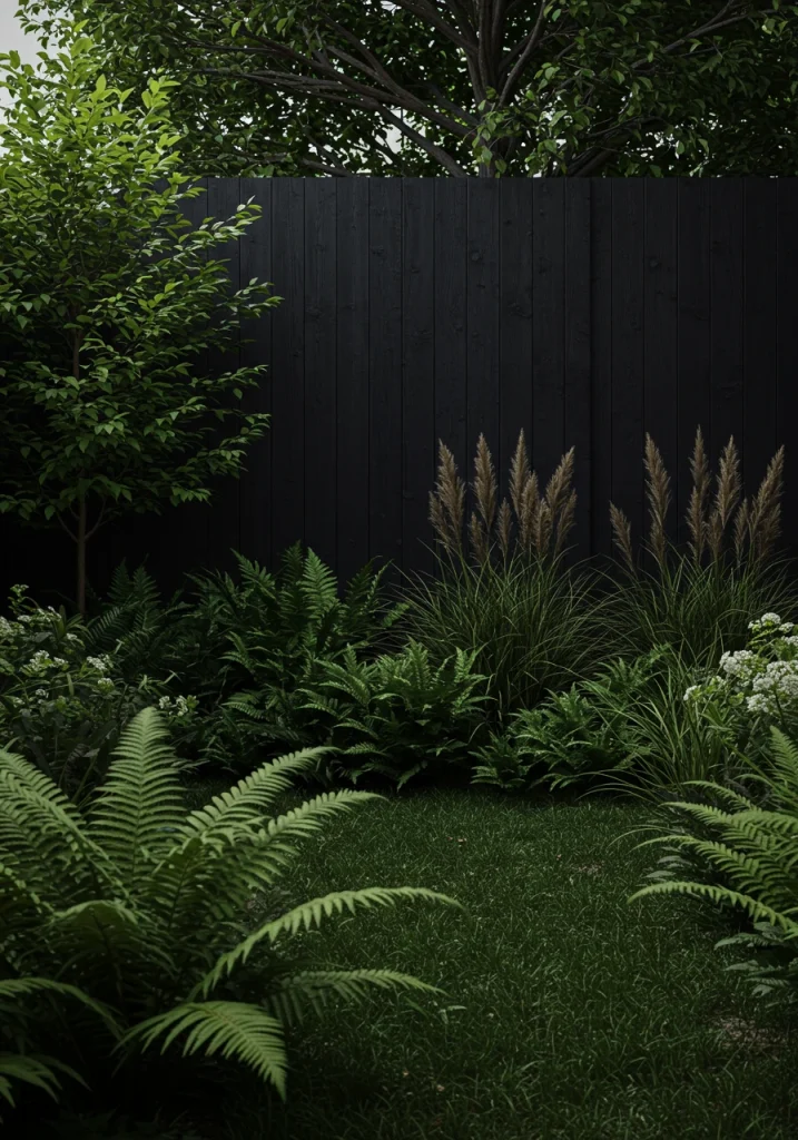 A small backyard with a dark painted fence, making the green plants in front of it pop.