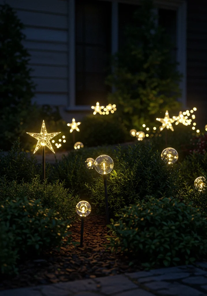 A Christmas-decorated garden bed filled with a variety of festive, glowing stake lights.