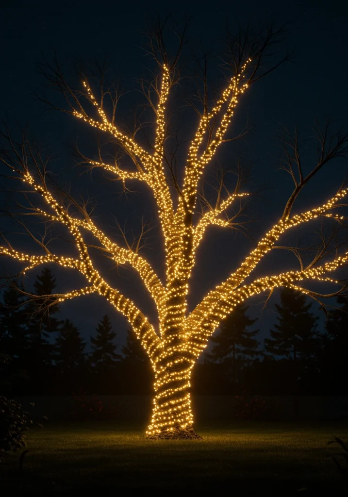 A stylish outdoor Christmas lights idea: a large, bare tree with its trunk and branches wrapped in fairy lights.