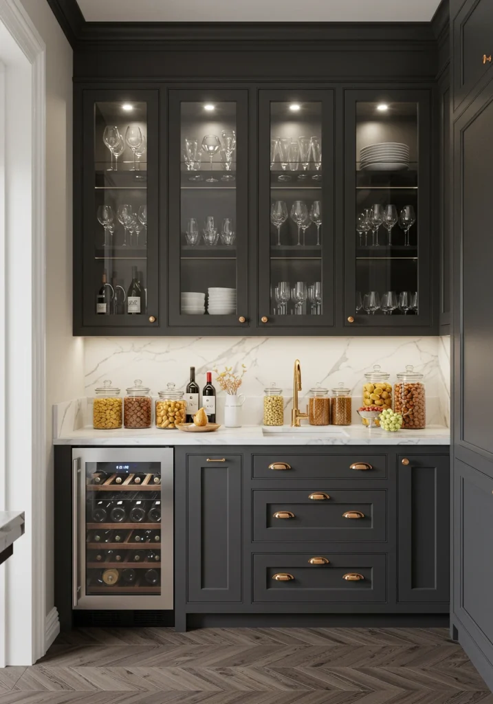An innovative pantry design: a hybrid butler's pantry with a serving counter and food storage.