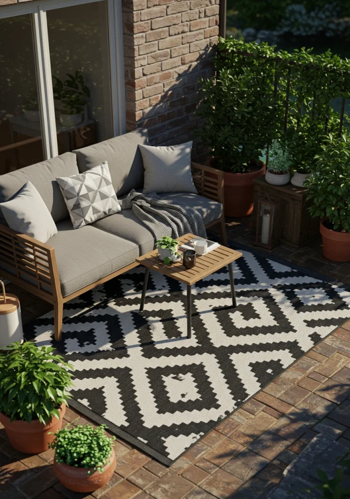 An outdoor rug with a geometric pattern defining a cozy seating area in a small backyard.