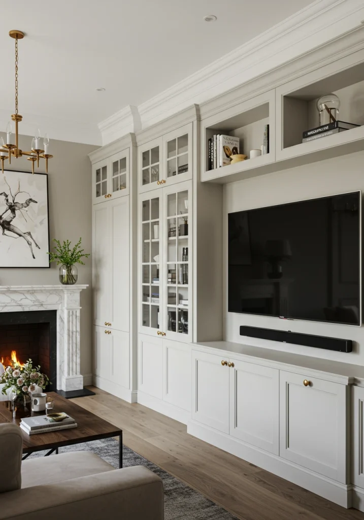 A living room with a TV and fireplace side-by-side within a custom white built-in unit.