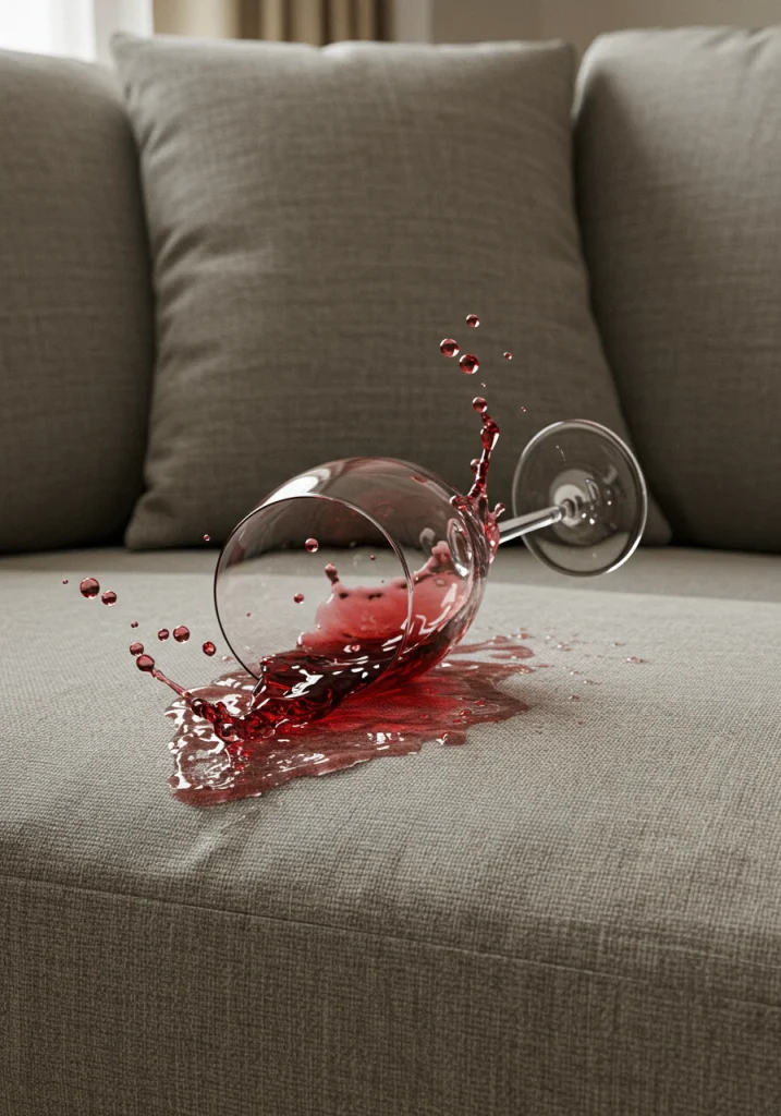 A close-up demonstrating the stain-resistant quality of a performance fabric on a family room sofa.