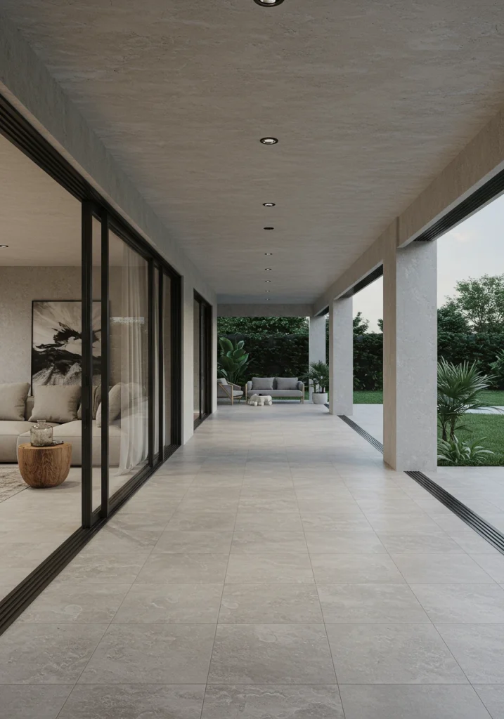 An indoor-outdoor living space with continuous stone tile flooring running from the inside to the outside patio.