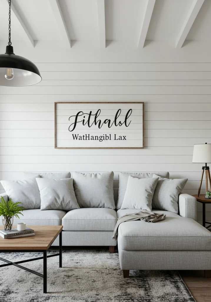 A white farmhouse living room featuring a classic white shiplap accent wall behind the sofa.