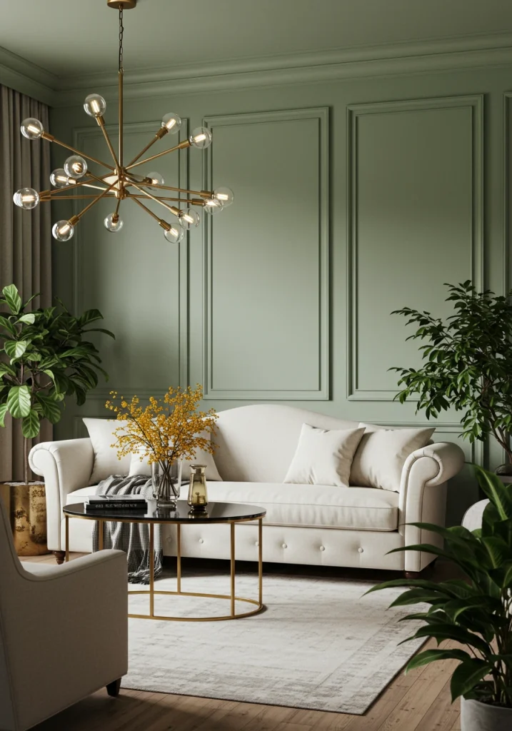 A serene living room featuring a color combination of sage green, cream, and brass accents.
