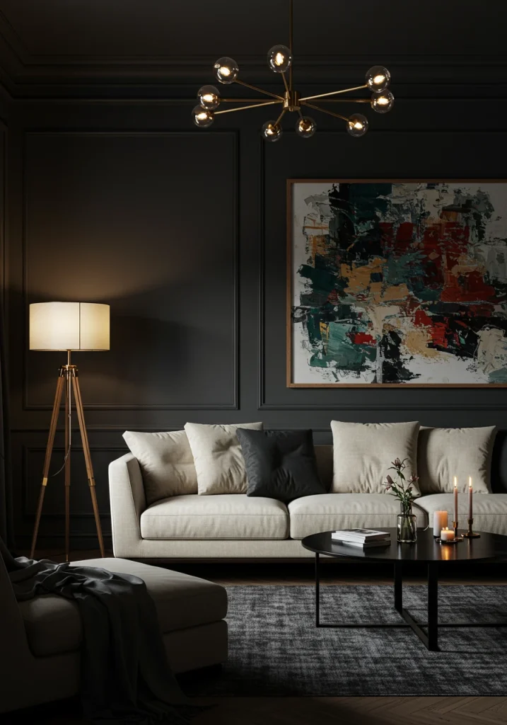 A dramatic gray living room with deep charcoal gray walls and a contrasting cream sofa.